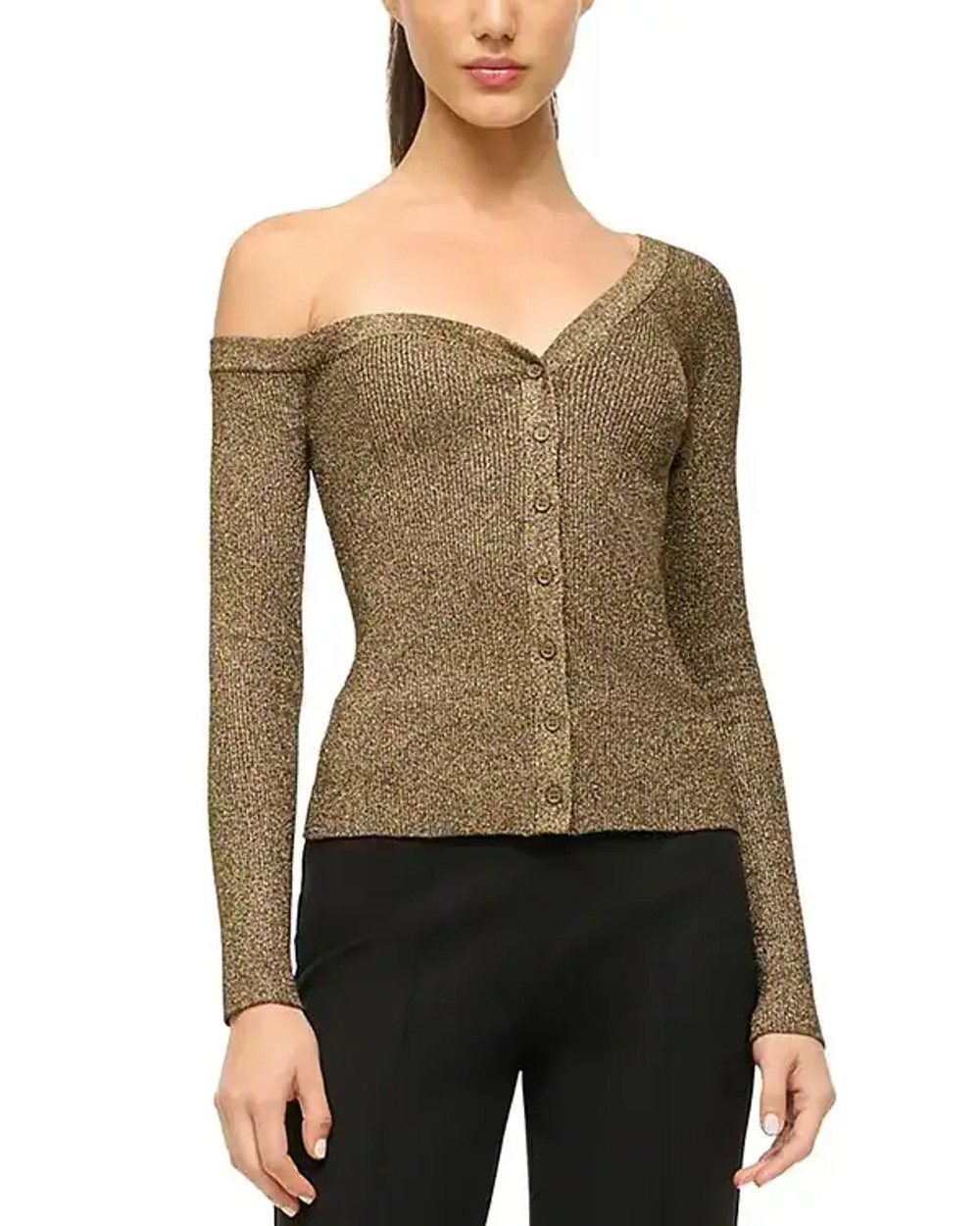 Staud Ribbed Metallic Gold Button Down Cardigan Size S